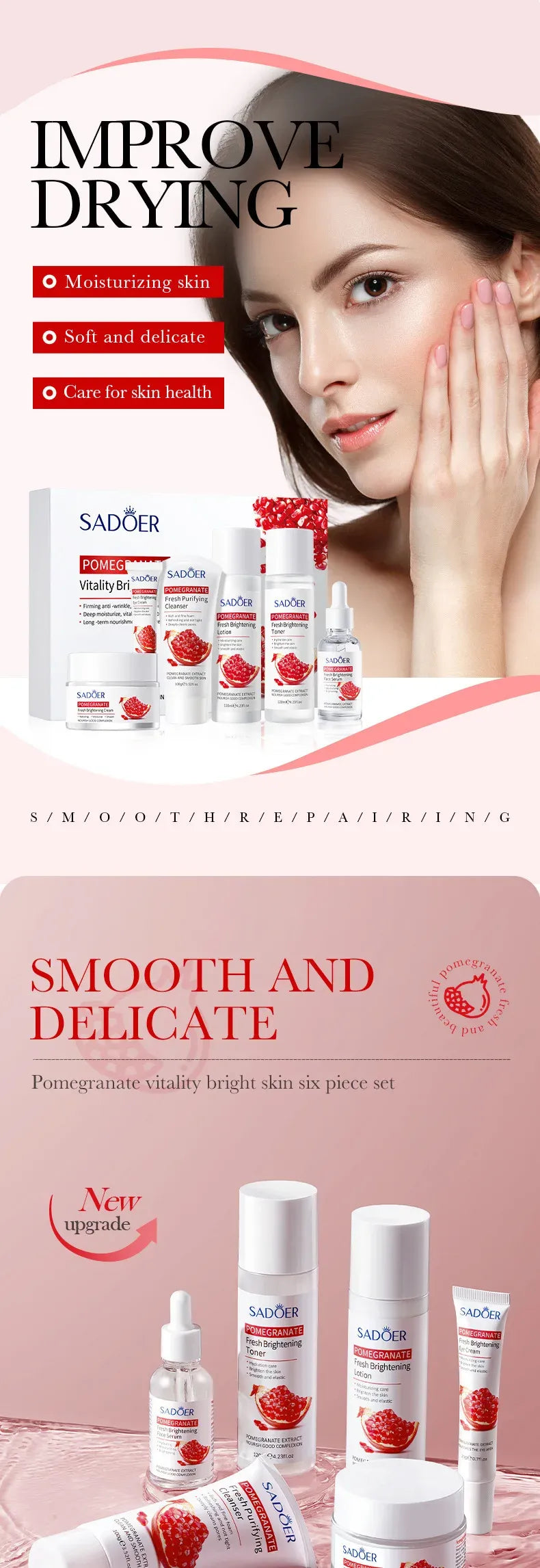 SADOER Pomegranate Vitality Bright Skin 6-in-1 Skincare Set | Hydrating & Brightening